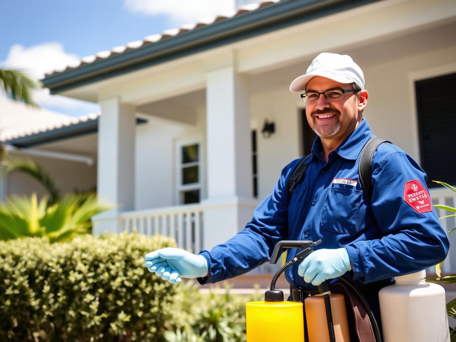 Professional pest control technician treating a Jamaican home